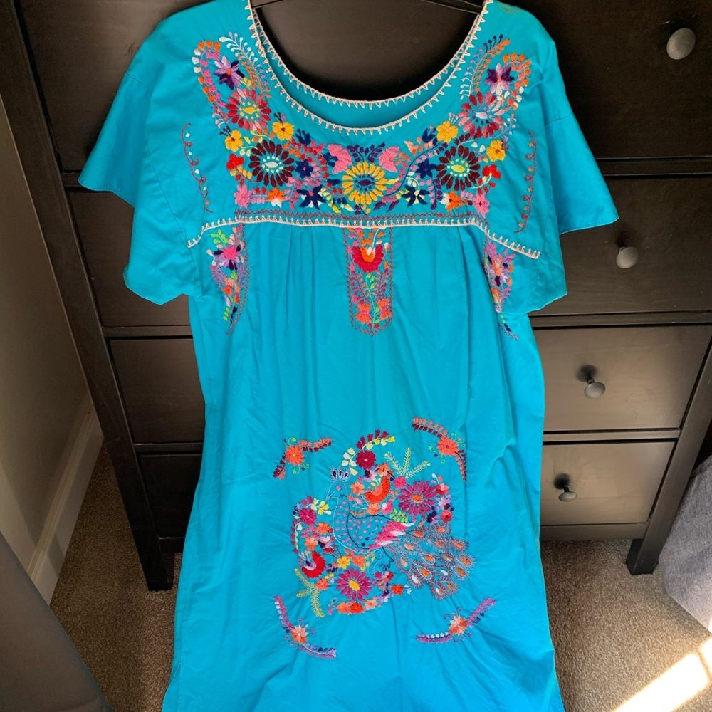 Vintage Mexican embroidered floral peasant dress Size L